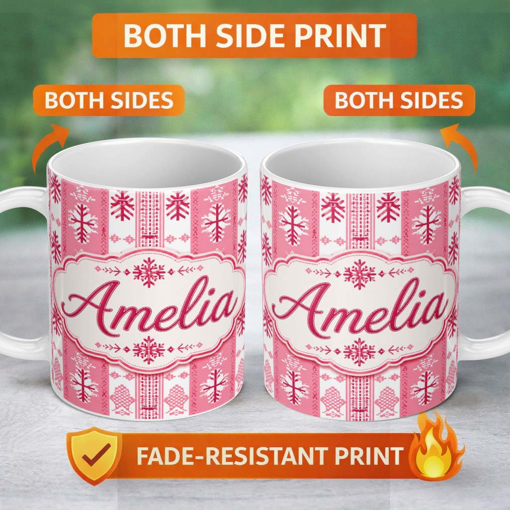 Personalized Custom Name Scandinavian Pink Red Snowflake Nordic Seamless Pattern Lovely 11oz Ceramic Coffee Tea Mug White Large Handle