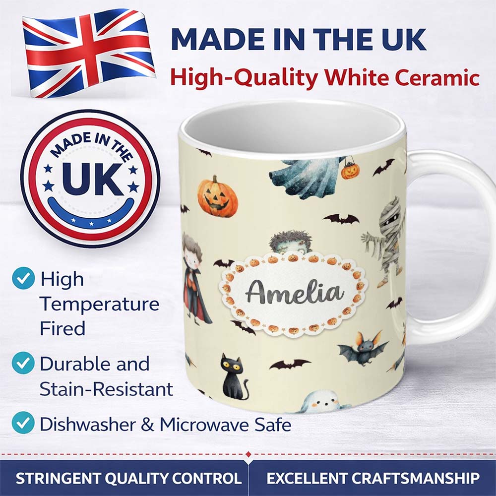 Personalized Custom Name Halloween Zombie Mummy Vampire and Bat Characters Cream Background 11oz Ceramic Coffee Tea Mug White Large Handle