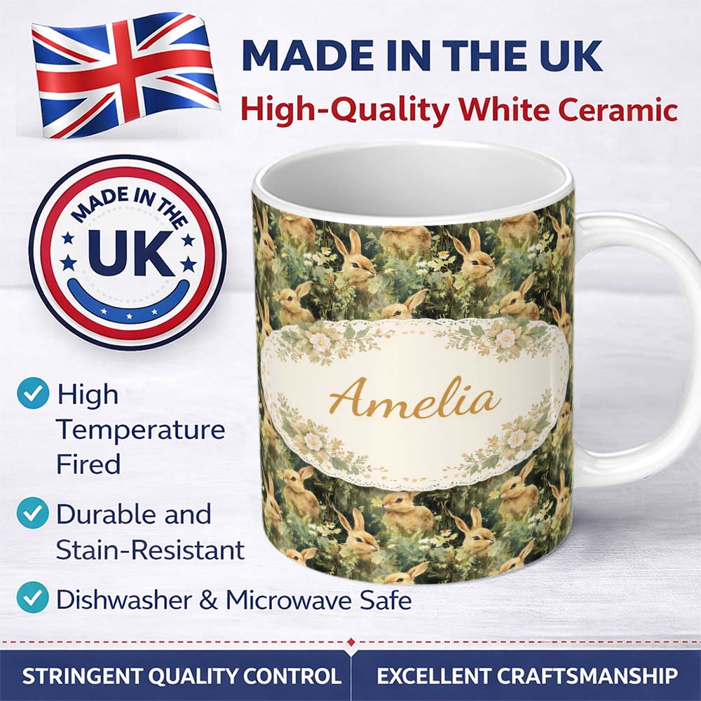 Personalized Custom Name Realistic Brown Rabbit Meadow Seamless Pattern Beautiful Coffee Cup 11oz Ceramic Coffee Tea Mug White Large Handle