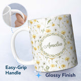 Personalized Custom Name Yellow Dandelion Wildflower Botanical Seamless Pattern Lovely 11oz Ceramic Coffee Tea Mug White Large Handle