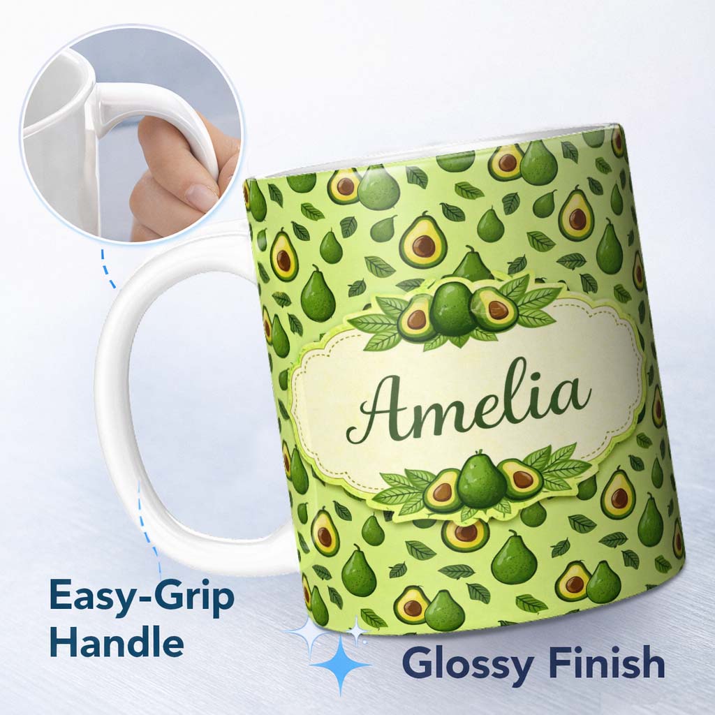 Personalized Custom Name Dark Avocado Leaf Seamless Pattern Black Background Dense Botanical 11oz Ceramic Coffee Tea Mug White Large Handle