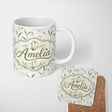 Personalized Custom Name Minimalist White Bell Floral on Subtle Neutral Background Seamless 11oz Ceramic Coffee Tea Mug White Large Handle