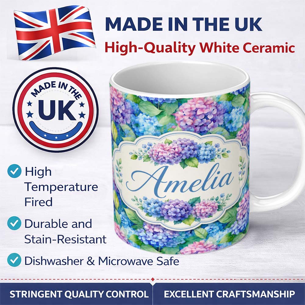 Personalized Custom Name Vibrant Blue Pink Hydrangea Garden Floral Seamless Pattern Lovely 11oz Ceramic Coffee Tea Mug White Large Handle