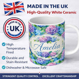 Personalized Custom Name Vibrant Blue Pink Hydrangea Garden Floral Seamless Pattern Lovely 11oz Ceramic Coffee Tea Mug White Large Handle