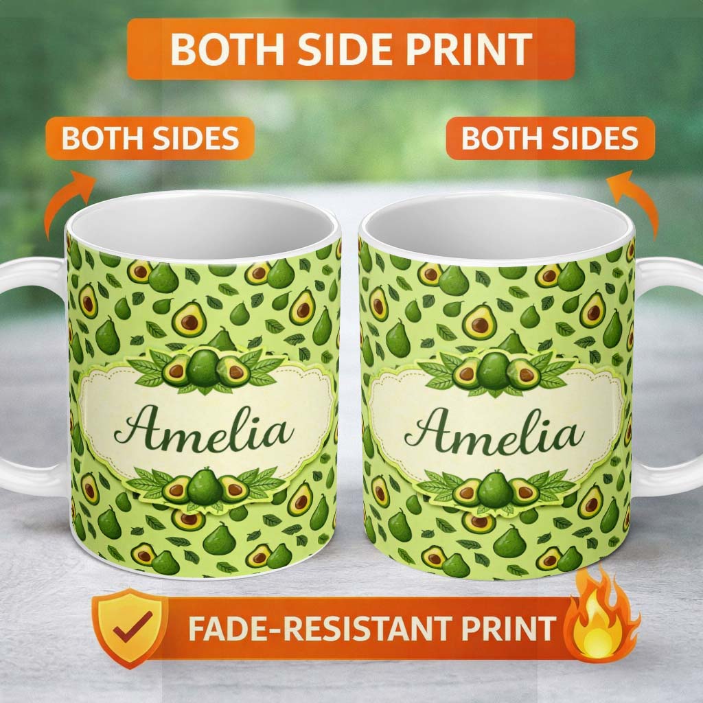 Personalized Custom Name Dark Avocado Leaf Seamless Pattern Black Background Dense Botanical 11oz Ceramic Coffee Tea Mug White Large Handle
