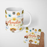 Personalized Custom Name Cute Farm Tractor Duck Girl with Clouds White Background Seamless 11oz Ceramic Coffee Tea Mug White Large Handle