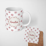 Personalized Custom Name Minimal Red Snowflake Watercolor Christmas Seamless Pattern on Soft 11oz Ceramic Coffee Tea Mug White Large Handle