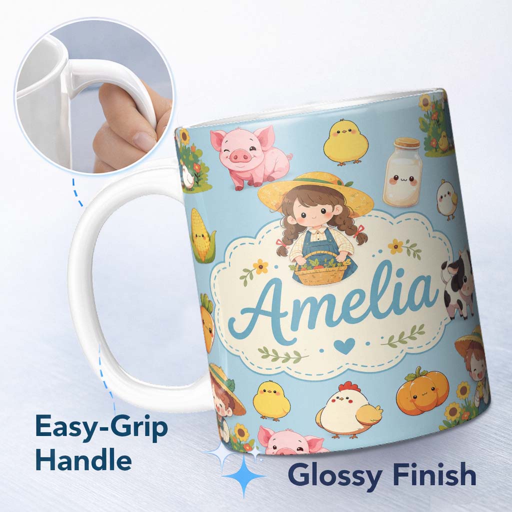 Personalized Custom Name Cute Farm Animals Girl Pig Cow Chicken Blue Background Seamless 11oz Ceramic Coffee Tea Mug White Large Handle
