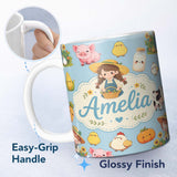 Personalized Custom Name Cute Farm Animals Girl Pig Cow Chicken Blue Background Seamless 11oz Ceramic Coffee Tea Mug White Large Handle