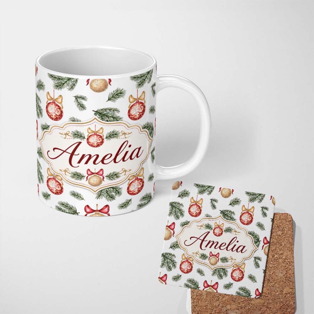 Personalized Custom Name Elegant Red Gold Baubles Pine Branch Festive Seamless Pattern Lovely 11oz Ceramic Coffee Tea Mug White Large Handle