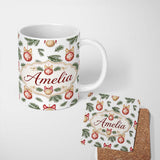 Personalized Custom Name Elegant Red Gold Baubles Pine Branch Festive Seamless Pattern Lovely 11oz Ceramic Coffee Tea Mug White Large Handle