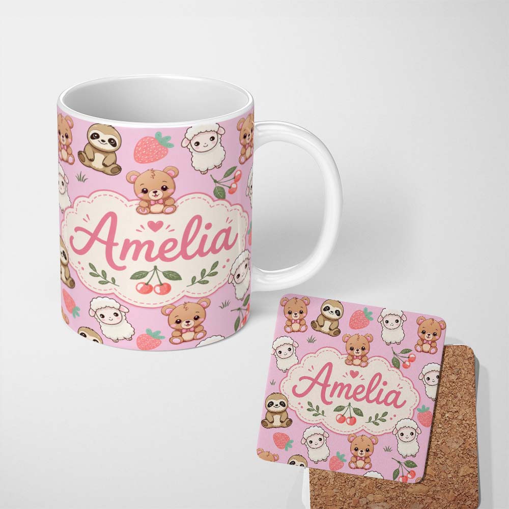 Personalized Custom Name Cute Baby Animals Bear Sheep Sloth Strawberry Cherry Pink Background 11oz Ceramic Coffee Tea Mug White Large Handle