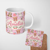 Personalized Custom Name Cute Baby Animals Bear Sheep Sloth Strawberry Cherry Pink Background 11oz Ceramic Coffee Tea Mug White Large Handle