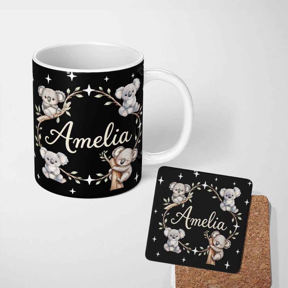 Personalized Custom Name Cute Cartoon Koala Bears with Stars on Soft Grey Background Seamless 11oz Ceramic Coffee Tea Mug White Large Handle