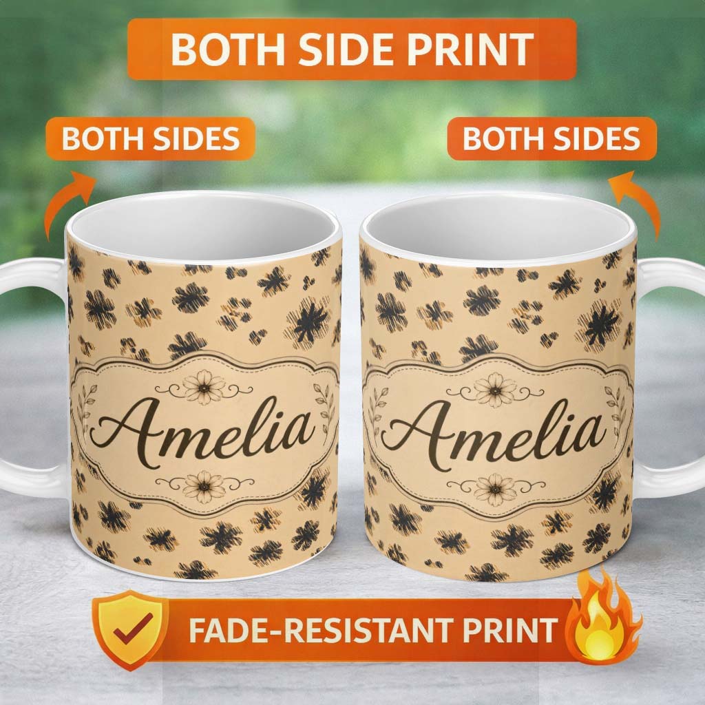 Personalized Custom Name Abstract Leopard Spot and Floral Ditsy with Black Motifs Warm Beige 11oz Ceramic Coffee Tea Mug White Large Handle