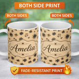 Personalized Custom Name Abstract Leopard Spot and Floral Ditsy with Black Motifs Warm Beige 11oz Ceramic Coffee Tea Mug White Large Handle