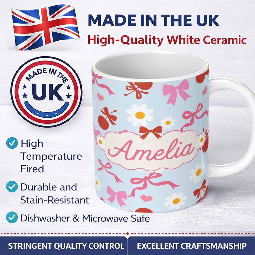 Personalized Custom Name Cute Cherry Bow Daisy Heart Seamless Pattern on Light Blue Lovely 11oz Ceramic Coffee Tea Mug White Large Handle