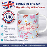 Personalized Custom Name Cute Cherry Bow Daisy Heart Seamless Pattern on Light Blue Lovely 11oz Ceramic Coffee Tea Mug White Large Handle