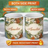 Personalized Custom Name Botanical Floral Illustration Blue Background Seamless Lovely 11oz Ceramic Coffee Tea Mug White Large Handle