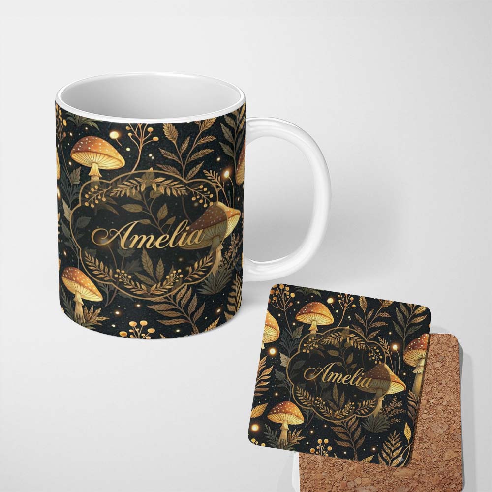 Personalized Custom Name Glowing Mushroom Botanical Night Forest Seamless Pattern Lovely 11oz Ceramic Coffee Tea Mug White Large Handle