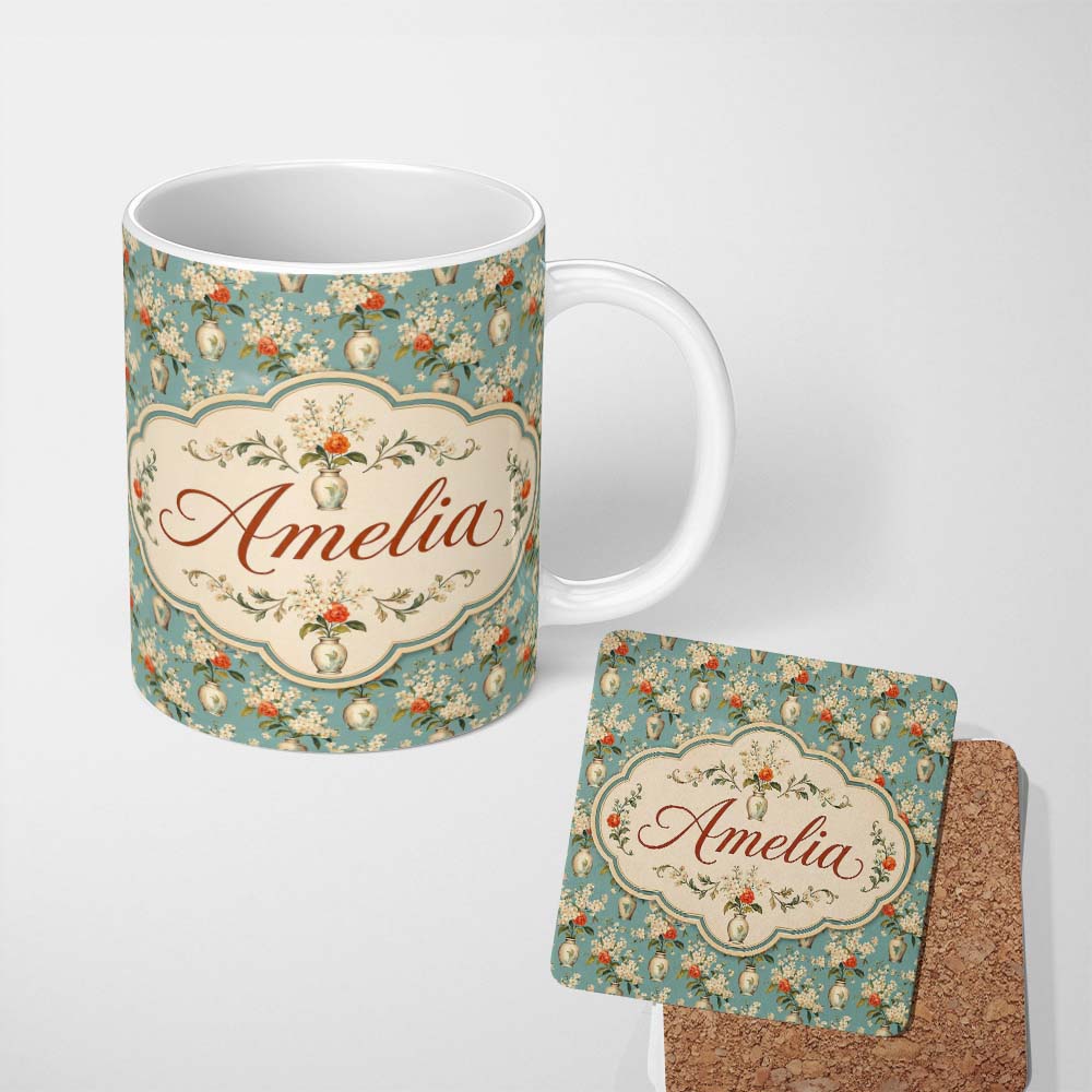 Personalized Custom Name Delicate Blossom Branches in Ceramic Vases Soft Blue Background 11oz Ceramic Coffee Tea Mug White Large Handle