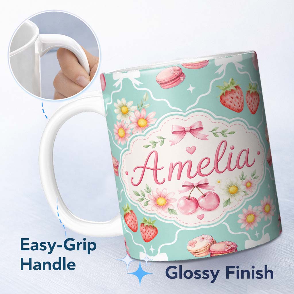 Personalized Custom Name Cute Strawberry Cherry Daisy Floral Bow Sweet Dessert Teal Green 11oz Ceramic Coffee Tea Mug White Large Handle