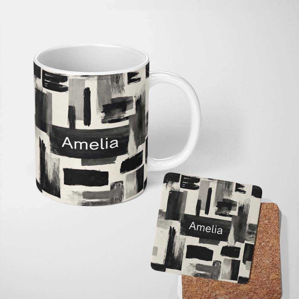 Personalized Custom Name Monochrome Brushstroke Blocks Black Grey Abstract Texture Pattern 11oz Ceramic Coffee Tea Mug White Large Handle