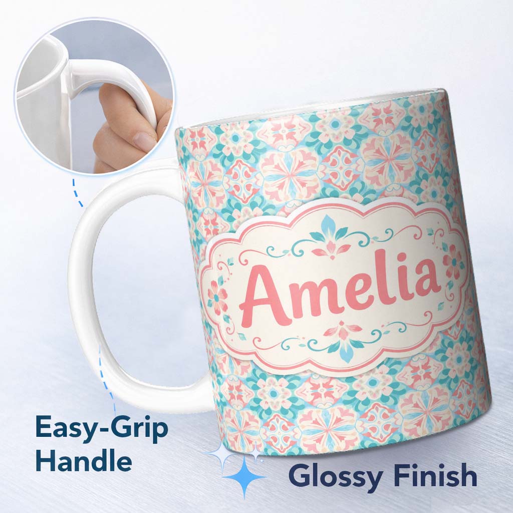 Personalized Custom Name Pastel Floral Geometric Tile Pink Teal Seamless Pattern Lovely 11oz Ceramic Coffee Tea Mug White Large Handle