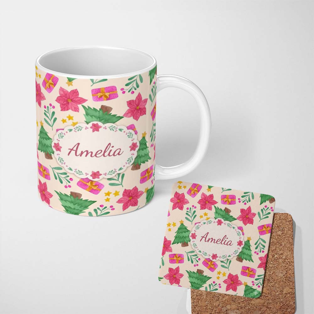 Personalized Custom Name Watercolor Poinsettia Gift Christmas Tree Seamless Pattern Lovely 11oz Ceramic Coffee Tea Mug White Large Handle