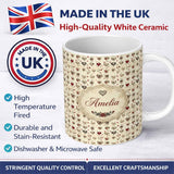 Personalized Custom Name Elegant Vintage Hanging Heart and Floral Vine Seamless Pattern 11oz Ceramic Coffee Tea Mug White Large Handle