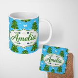 Personalized Custom Name Festive Christmas Trees with White Bows and Stars on Blue Background 11oz Ceramic Coffee Tea Mug White Large Handle