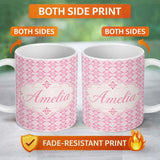 Personalized Custom Name Geometric Floral Tile in Soft Pink and White Symmetrical Design 11oz Ceramic Coffee Tea Mug White Large Handle