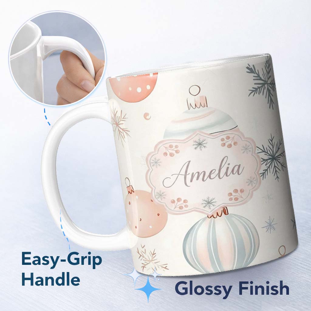 Personalized Custom Name Pastel Christmas Baubles Snowflakes Elegant Seamless Pattern Lovely 11oz Ceramic Coffee Tea Mug White Large Handle