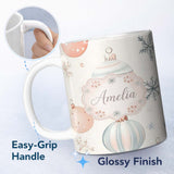 Personalized Custom Name Pastel Christmas Baubles Snowflakes Elegant Seamless Pattern Lovely 11oz Ceramic Coffee Tea Mug White Large Handle