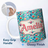 Personalized Custom Name Colorful Gem Crystal Diamond Seamless Pattern on Teal Background 11oz Ceramic Coffee Tea Mug White Large Handle