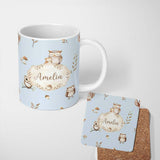 Personalized Custom Name Cute Woodland Owls Mushrooms and Leaves Soft Blue Background Lovely 11oz Ceramic Coffee Tea Mug White Large Handle