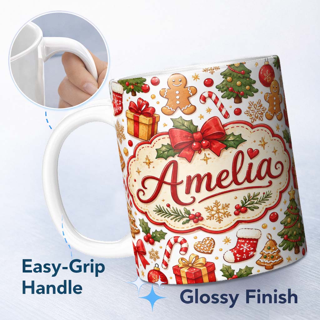 Personalized Custom Name Cute Christmas Tree Gifts Gingerbread Festive Seamless Pattern 11oz Ceramic Coffee Tea Mug White Large Handle