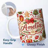 Personalized Custom Name Cute Christmas Tree Gifts Gingerbread Festive Seamless Pattern 11oz Ceramic Coffee Tea Mug White Large Handle