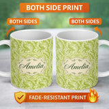 Personalized Custom Name Green Abstract Spiral Brushstroke Seamless Pattern Cute Unique Gift 11oz Ceramic Coffee Tea Mug White Large Handle