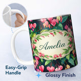 Personalized Custom Name Pink Bleeding Heart Flowers Botanical Watercolor Floral Pattern 11oz Ceramic Coffee Tea Mug White Large Handle