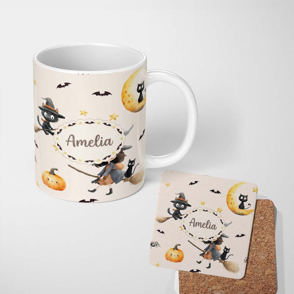 Personalized Custom Name Cute Witch Girl and Black Cat with Stars and Moon Beige Background 11oz Ceramic Coffee Tea Mug White Large Handle