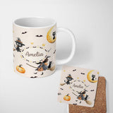 Personalized Custom Name Cute Witch Girl and Black Cat with Stars and Moon Beige Background 11oz Ceramic Coffee Tea Mug White Large Handle