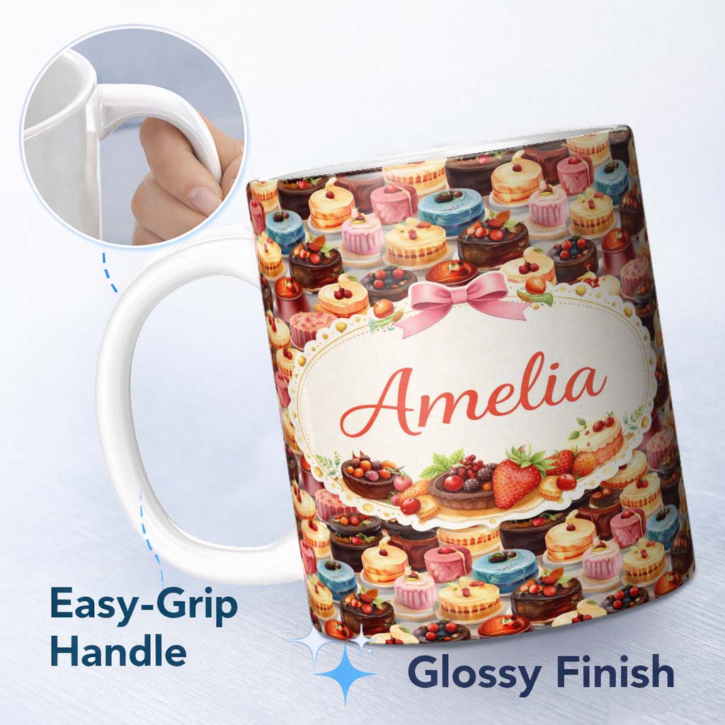 Personalized Custom Name Chocolate Strawberry Cake Seamless Pattern Realistic Dessert Sweet 11oz Ceramic Coffee Tea Mug White Large Handle