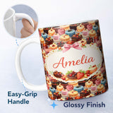 Personalized Custom Name Chocolate Strawberry Cake Seamless Pattern Realistic Dessert Sweet 11oz Ceramic Coffee Tea Mug White Large Handle