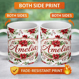 Personalized Custom Name Elegant Poinsettia Flower Berry Greenery Festive Seamless Pattern 11oz Ceramic Coffee Tea Mug White Large Handle
