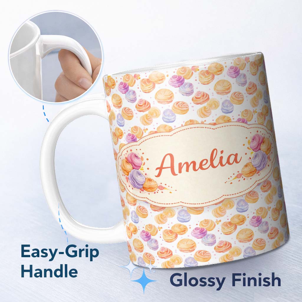 Personalized Custom Name Pastel Cream Swirl Meringue Dessert Seamless Pattern Lovely 11oz Ceramic Coffee Tea Mug White Large Handle