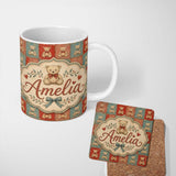 Personalized Custom Name Vintage Teddy Bears Patchwork Style Red and Blue Seamless Pattern 11oz Ceramic Coffee Tea Mug White Large Handle