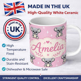 Personalized Custom Name Cute Koala Bears with Stars Rose Pink Background Seamless Pattern 11oz Ceramic Coffee Tea Mug White Large Handle