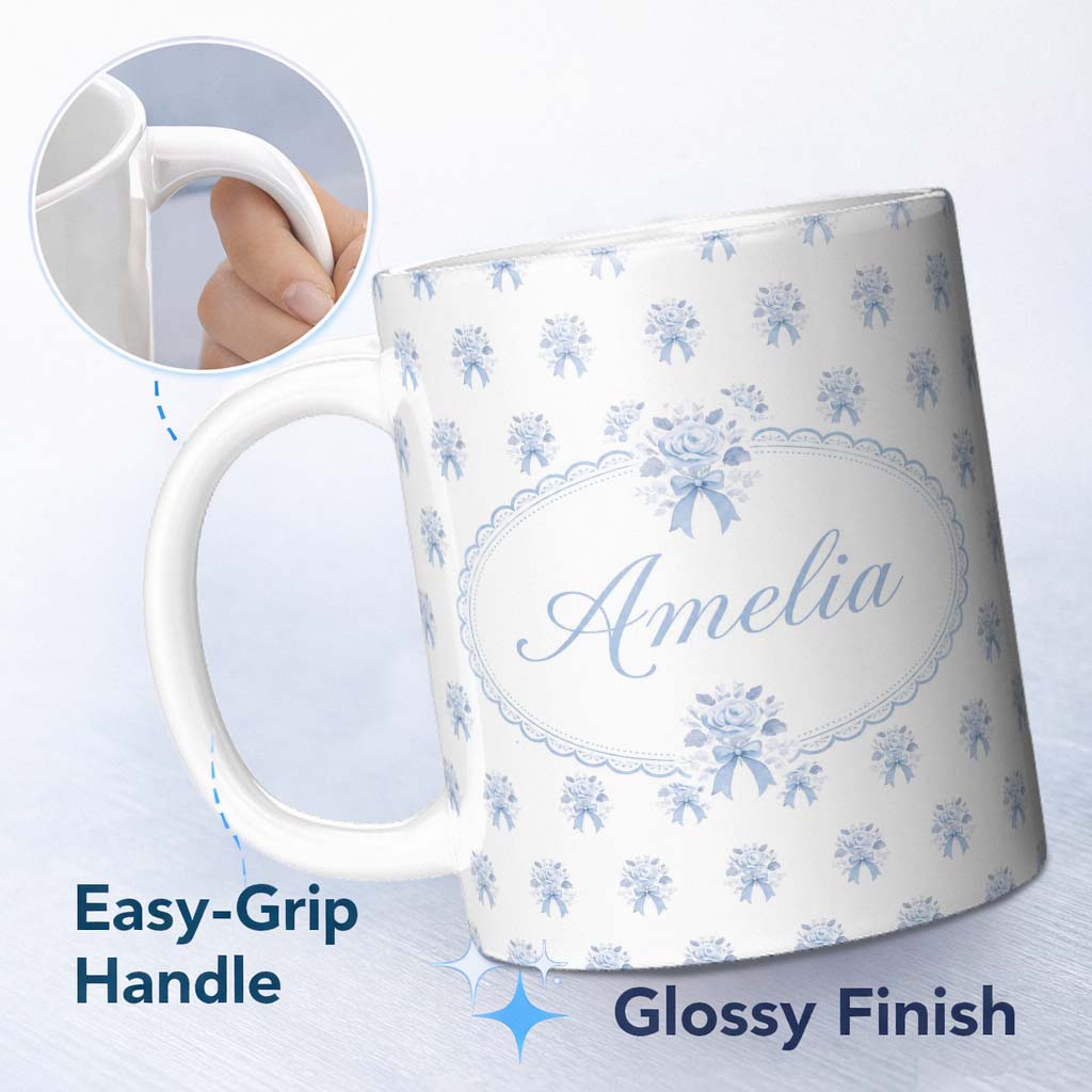 Personalized Custom Name Blue Rose Bow Tossed Floral Seamless Pattern Stylish Everyday Mug 11oz Ceramic Coffee Tea Mug White Large Handle