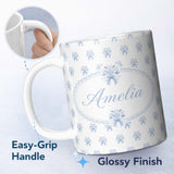 Personalized Custom Name Blue Rose Bow Tossed Floral Seamless Pattern Stylish Everyday Mug 11oz Ceramic Coffee Tea Mug White Large Handle